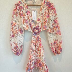 HEMANT & NANDITA White Floral Mini Dress with Pink and Orange Accents
